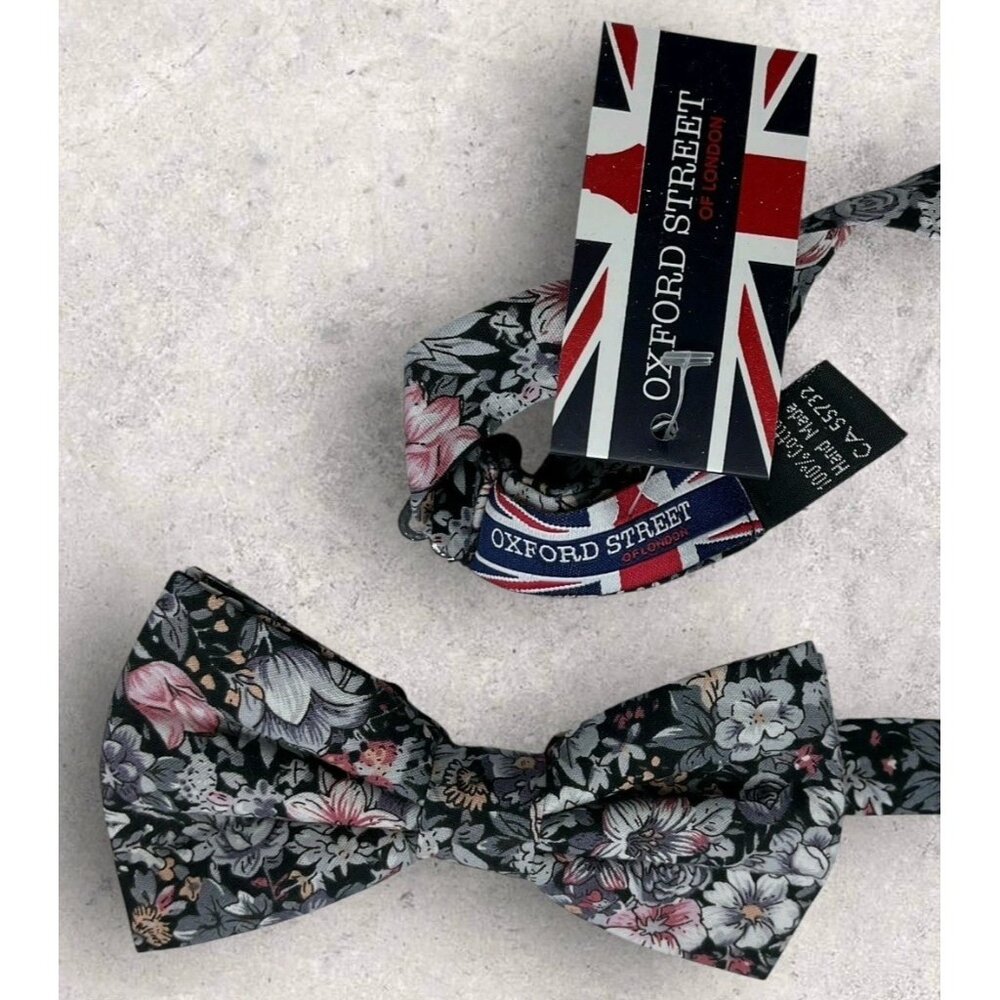 NEW OXFORD STREET Cotton Bow Tie Pocket Square 29.6" Gray Pink Floral W:2.6" - Picture 4 of 8